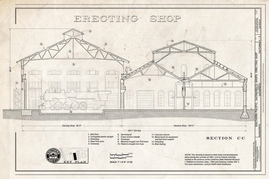 Blueprint Erection Shop Section CC - Southern Pacific, Sacramento Shops, Erecting Shop, 111 I Street, Sacramento, Sacramento County, CA