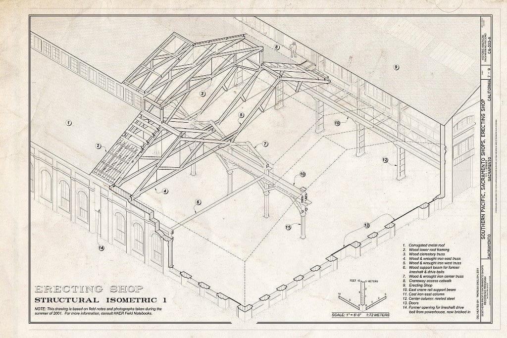 Blueprint Erecting Shop Structural Isometric - Southern Pacific, Sacramento Shops, Erecting Shop, 111 I Street, Sacramento, Sacramento County, CA