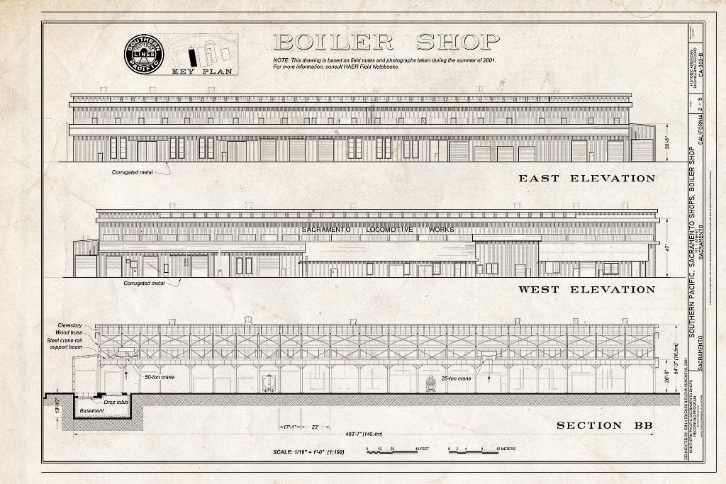 Blueprint Boiler Shop East Elevation, West Elevation, Section BB - Southern Pacific, Sacramento Shops, Boiler Shop, 111 I Street, Sacramento, Sacramento County, CA