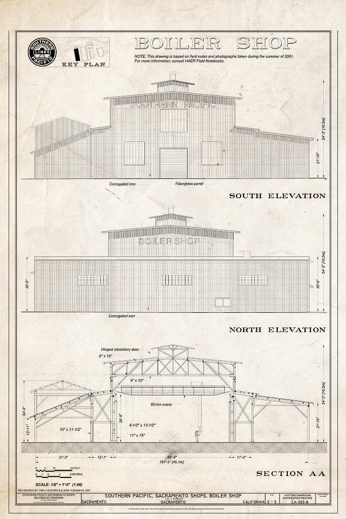 Blueprint Boiler Shop South Elevation, North Elevation, Section AA - Southern Pacific, Sacramento Shops, Boiler Shop, 111 I Street, Sacramento, Sacramento County, CA