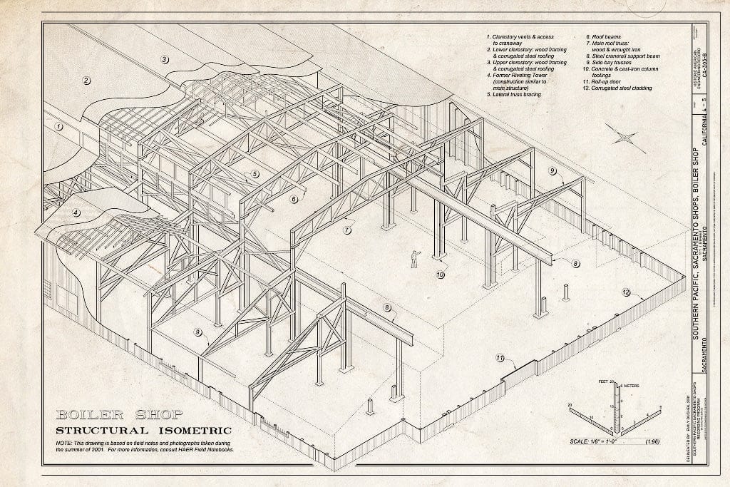 Blueprint Boiler Shop Structural Isometric - Southern Pacific, Sacramento Shops, Boiler Shop, 111 I Street, Sacramento, Sacramento County, CA