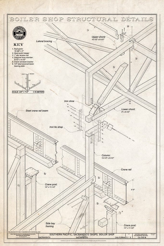 Blueprint Boiler Shop Structural Details - Southern Pacific, Sacramento Shops, Boiler Shop, 111 I Street, Sacramento, Sacramento County, CA