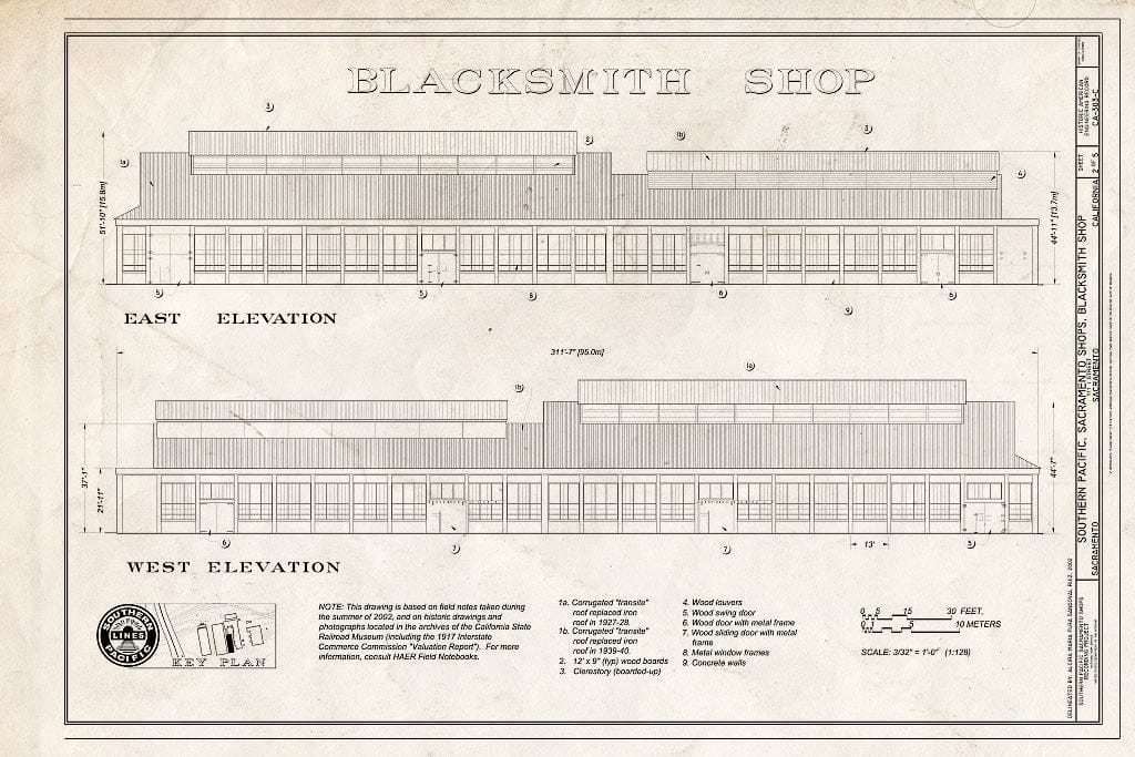 Blueprint Blacksmith Shop East Elevation, West Elevation - Southern Pacific, Sacramento Shops, Blacksmith Shop, 111 I Street, Sacramento, Sacramento County, CA