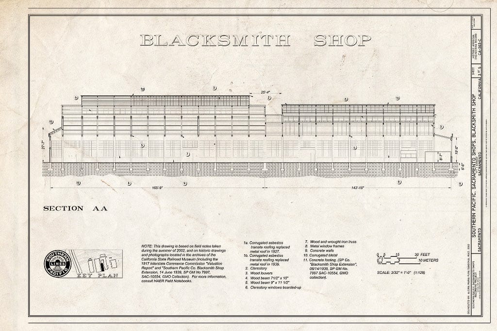 Blueprint Blacksmith Shop Section AA - Southern Pacific, Sacramento Shops, Blacksmith Shop, 111 I Street, Sacramento, Sacramento County, CA