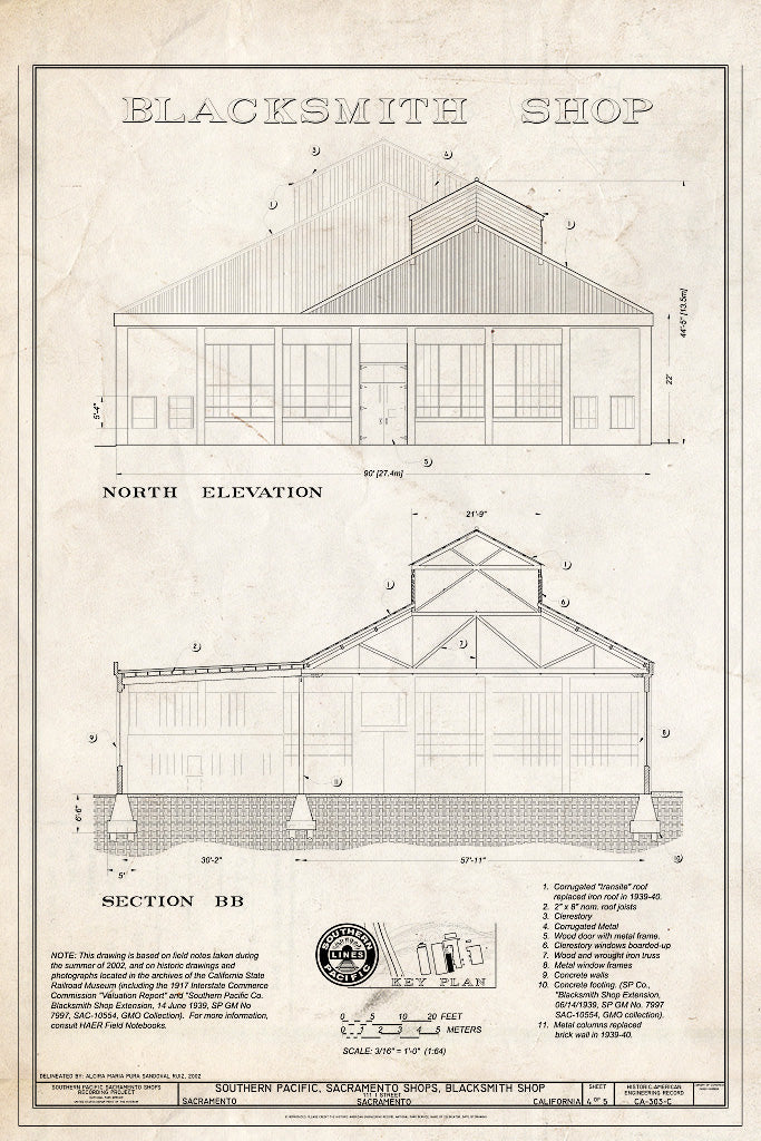 Blueprint Blacksmith Shop North Elevation, Section BB - Southern Pacific, Sacramento Shops, Blacksmith Shop, 111 I Street, Sacramento, Sacramento County, CA