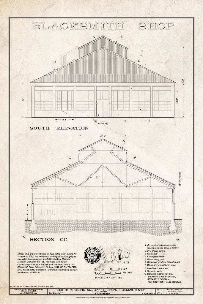 Blueprint Boiler Shop South Elevation, Section CC - Southern Pacific, Sacramento Shops, Blacksmith Shop, 111 I Street, Sacramento, Sacramento County, CA