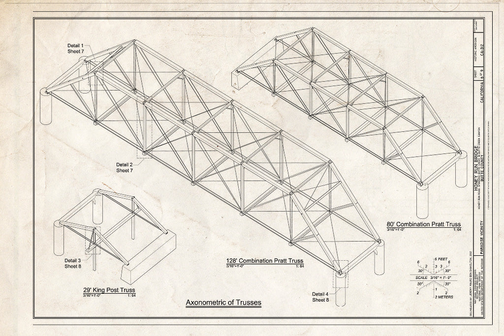 Blueprint Axonometric of Trusses - Honey Run Bridge, Spanning Butte Creek, bypassed Section of Honey Run Road (Originally Carr Hill Road), Paradise, Butte County, CA