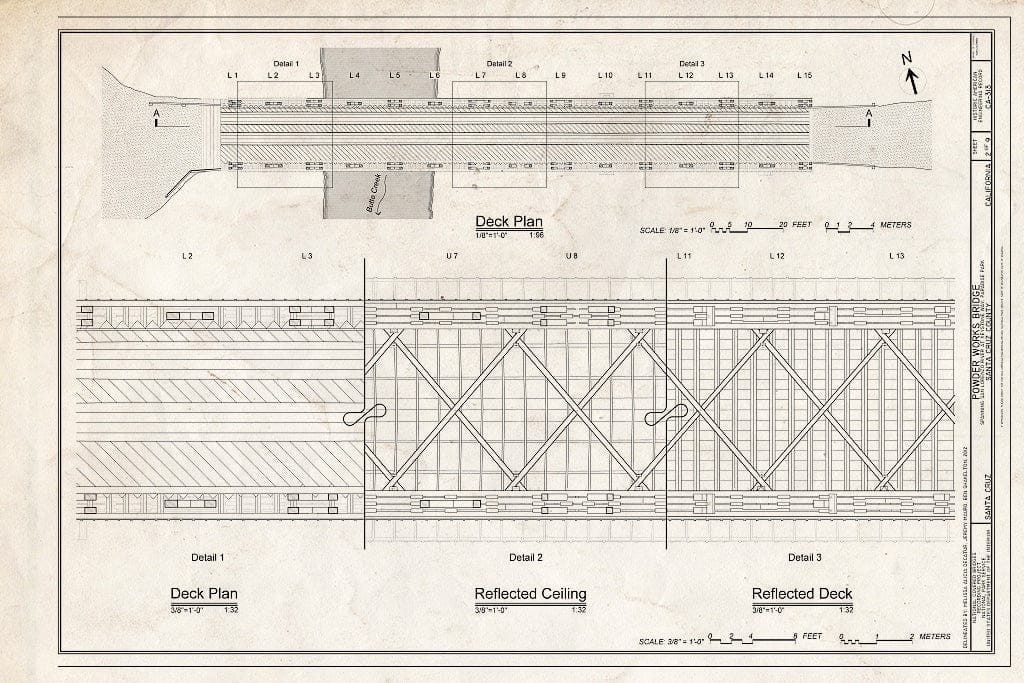 Blueprint Deck Plan, Reflected Deck, and Reflected Ceiling - Powder Works Bridge, Spanning San Lorenzo River, Keystone Way, Paradise Park, Santa Cruz, Santa Cruz County, CA