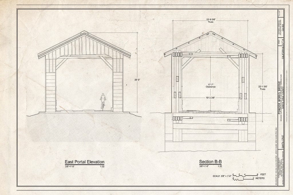 Blueprint East Portal Elevation and Section - Powder Works Bridge, Spanning San Lorenzo River, Keystone Way, Paradise Park, Santa Cruz, Santa Cruz County, CA