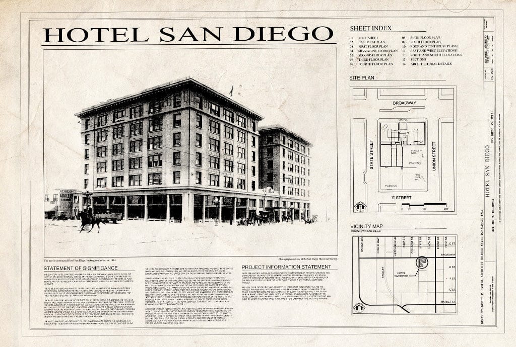 Blueprint Cover Sheet - Hotel San Diego, 301-385 West Broadway, Between State & Union Streets, San Diego, San Diego County, CA