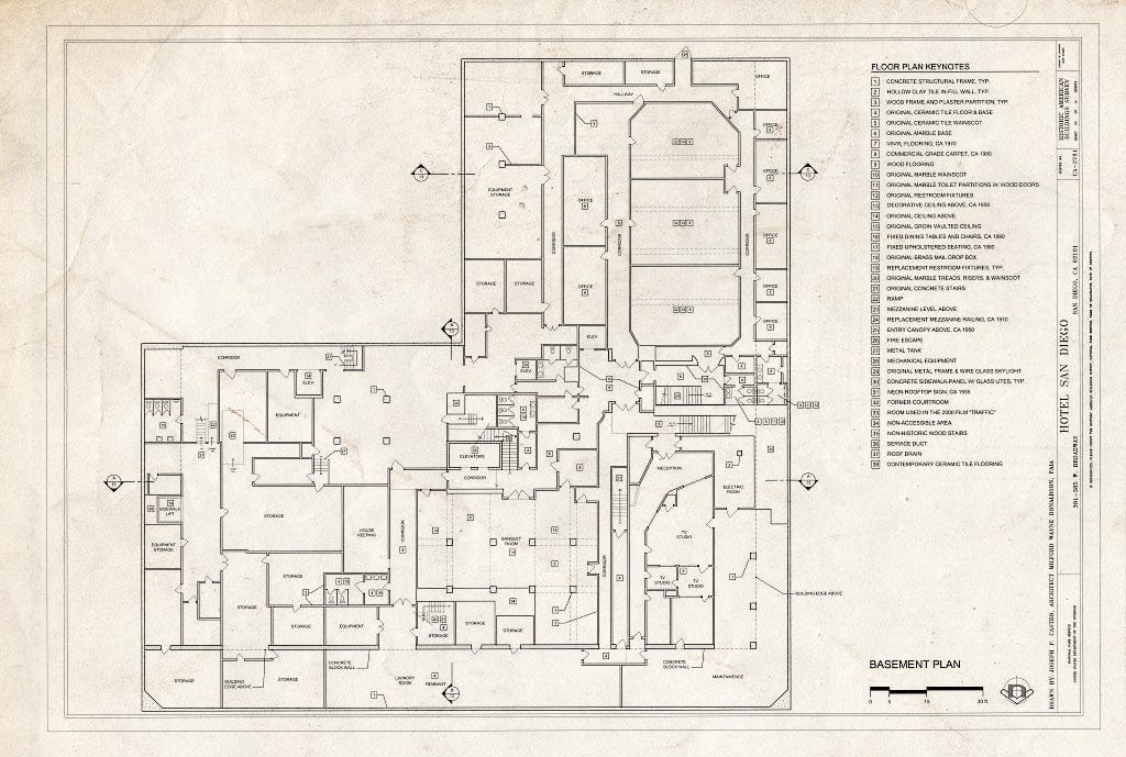 Blueprint Basement Plan - Hotel San Diego, 301-385 West Broadway, Between State & Union Streets, San Diego, San Diego County, CA