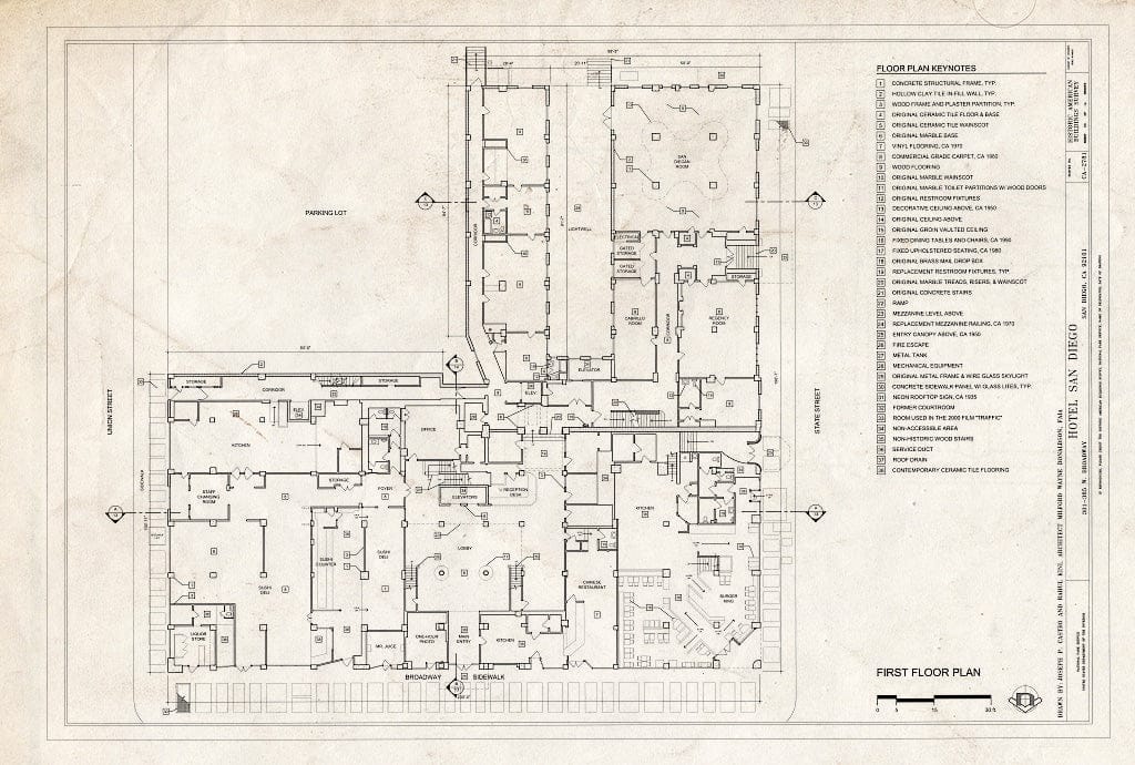 Blueprint First Floor Plan - Hotel San Diego, 301-385 West Broadway, Between State & Union Streets, San Diego, San Diego County, CA