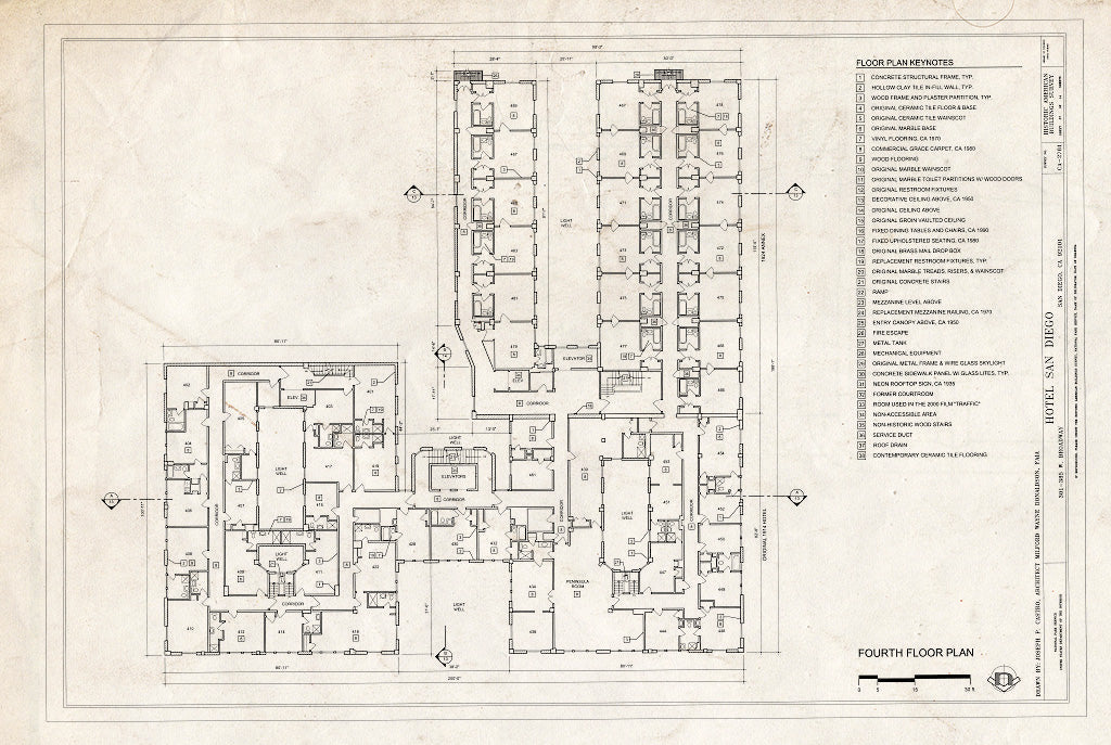 Blueprint Fourth Floor Plan - Hotel San Diego, 301-385 West Broadway, Between State & Union Streets, San Diego, San Diego County, CA