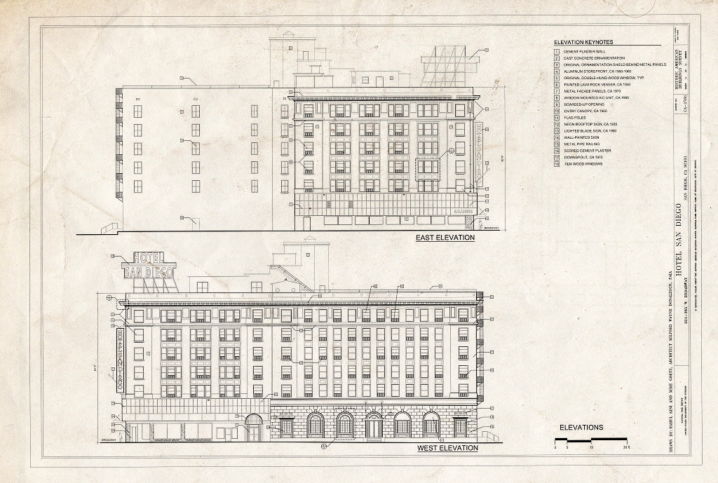 Blueprint East & West Elevations - Hotel San Diego, 301-385 West Broadway, Between State & Union Streets, San Diego, San Diego County, CA