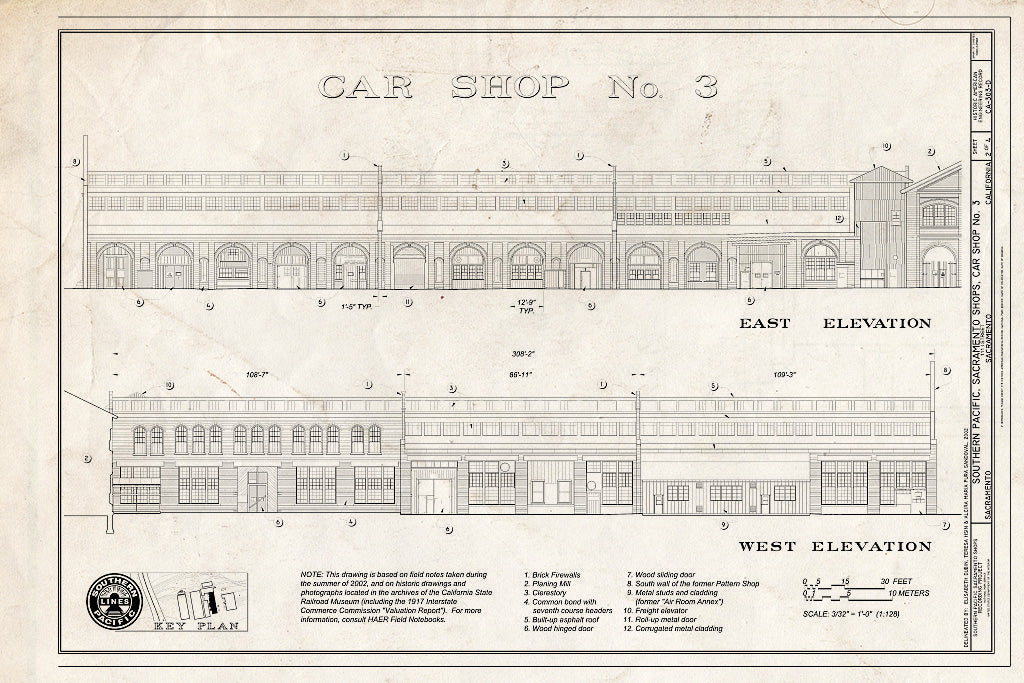 Blueprint Car Shop No. 3 East Elevation, West Elevation - Southern Pacific, Sacramento Shops, Car Shop No. 3, 111 I Street, Sacramento, Sacramento County, CA