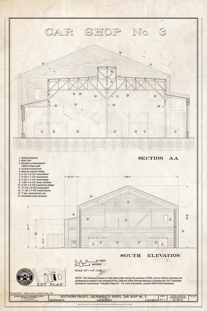 Blueprint Car Shop No. 3 Section AA, South Elevation - Southern Pacific, Sacramento Shops, Car Shop No. 3, 111 I Street, Sacramento, Sacramento County, CA