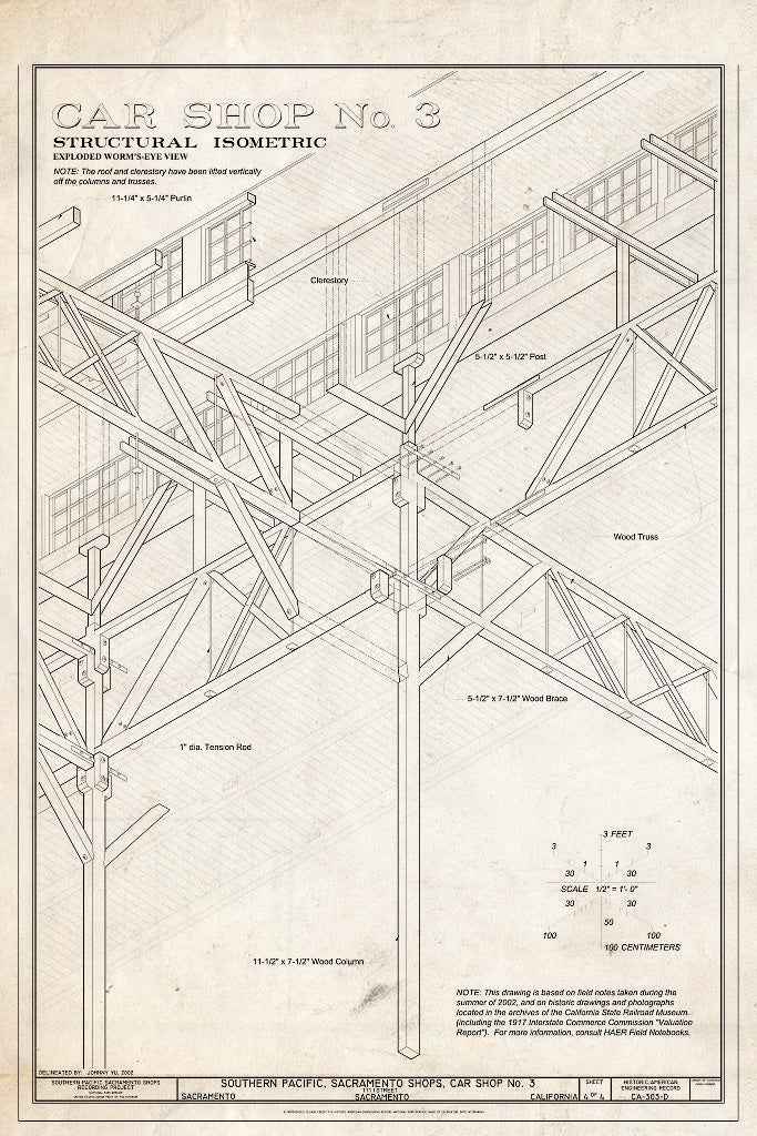 Blueprint Car Shop No. 3 Structural Isometric - Southern Pacific, Sacramento Shops, Car Shop No. 3, 111 I Street, Sacramento, Sacramento County, CA