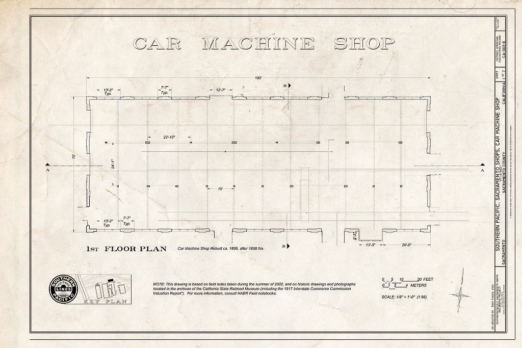 Blueprint Car Machine Shop 1st Floor Plan - Southern Pacific, Sacramento Shops, Car Machine Shop, 111 I Street, Sacramento, Sacramento County, CA