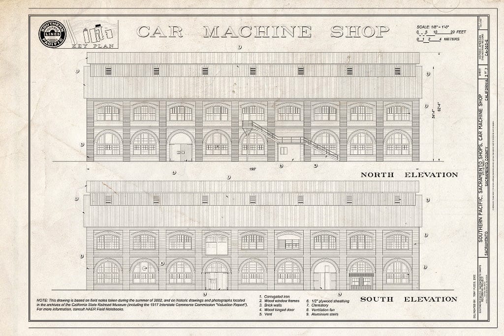 Blueprint Car Machine Shop North Elevation, South Elevation - Southern Pacific, Sacramento Shops, Car Machine Shop, 111 I Street, Sacramento, Sacramento County, CA