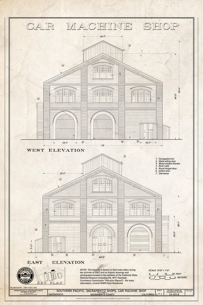 Blueprint Car Machine Shop West Elevation East Elevation - Southern Pacific, Sacramento Shops, Car Machine Shop, 111 I Street, Sacramento, Sacramento County, CA