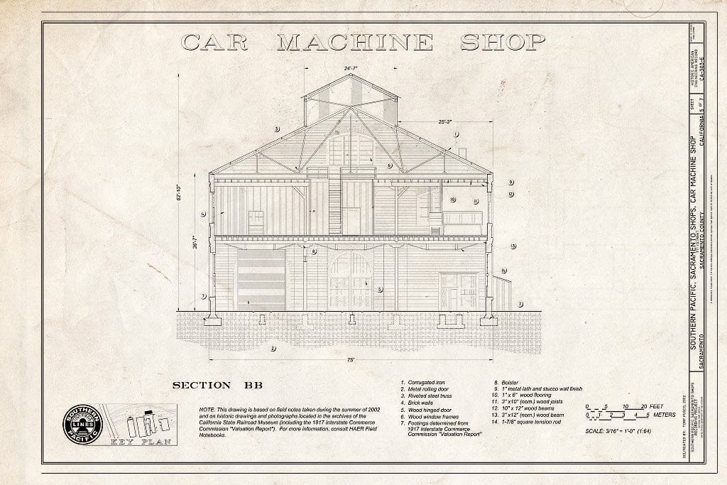 Blueprint Car Machine Shop Section BB - Southern Pacific, Sacramento Shops, Car Machine Shop, 111 I Street, Sacramento, Sacramento County, CA