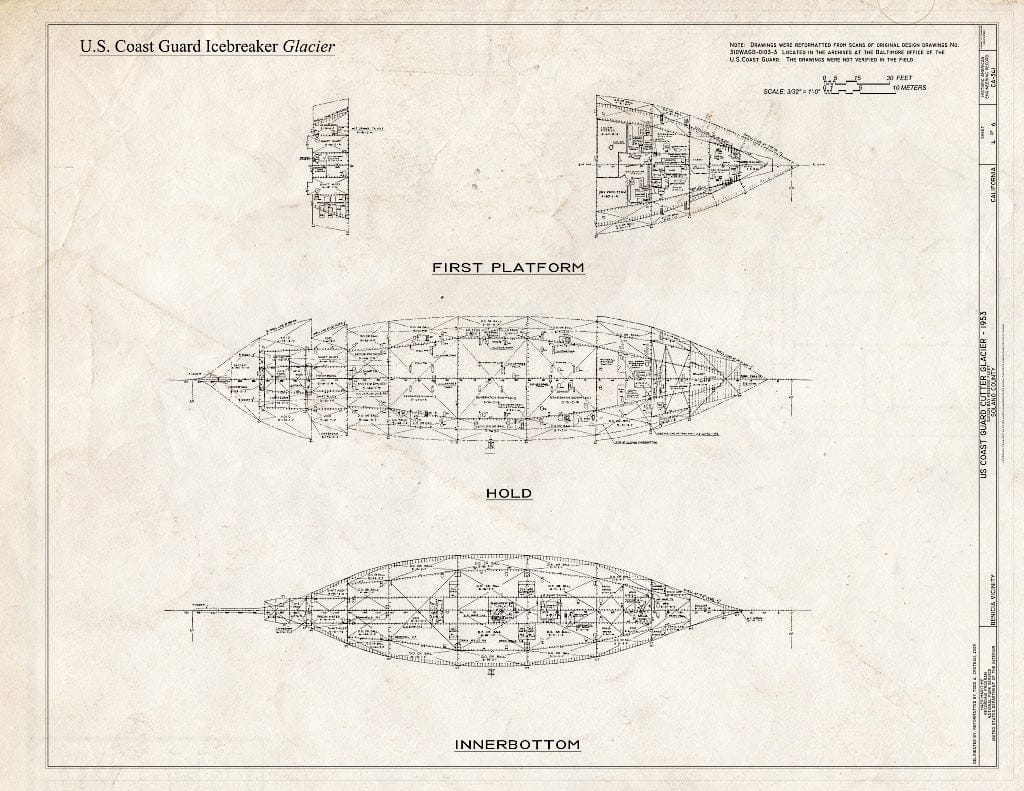 Blueprint First Platform, Hold, Inner Bottom Plans - US Coast Guard Icebreaker Glacier, Suisun Bay Reserve Fleet, Benicia, Solano County, CA