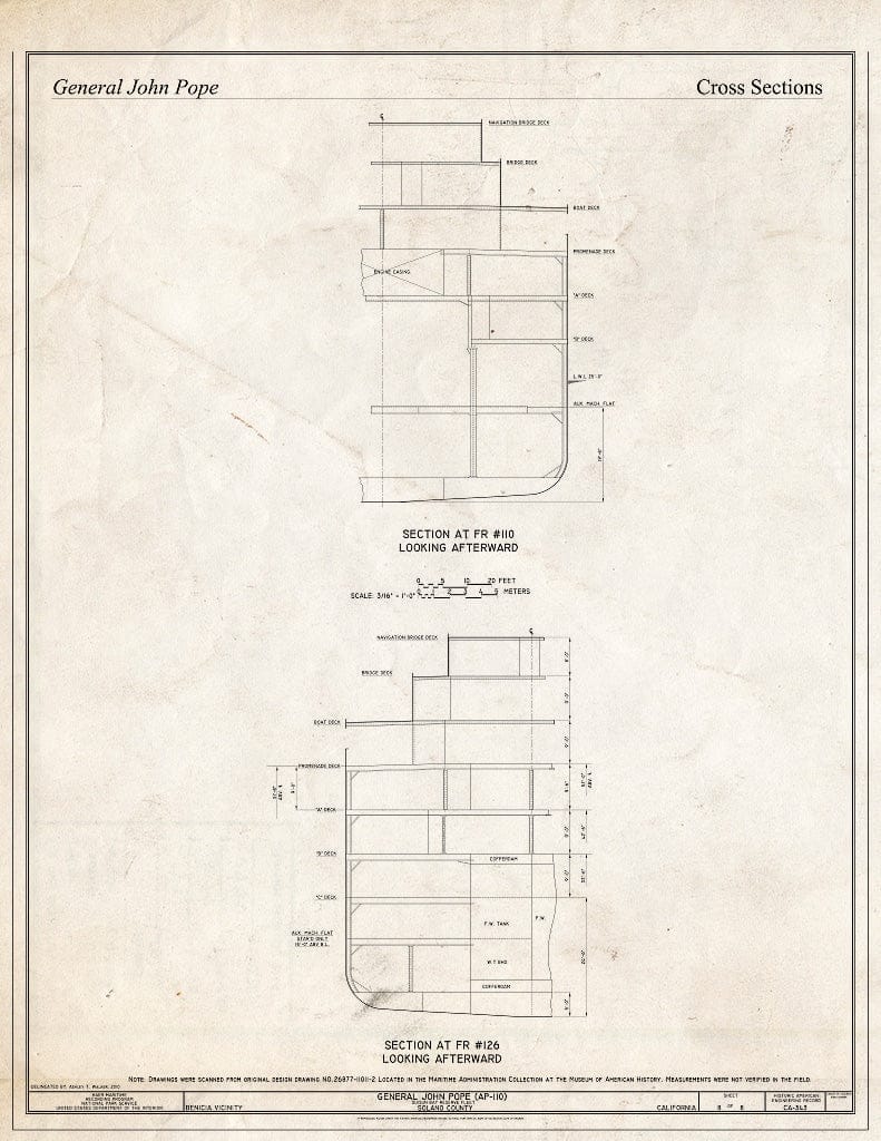 Blueprint Cross Sections: Section at Fr 110 Looking AFT, Section at Fr 126 Looking Forward - General John Pope, Suisun Bay Reserve Fleet, Benicia, Solano County, CA