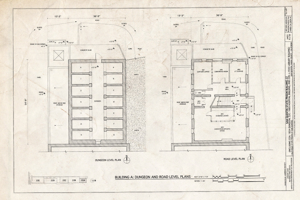 Blueprint Building A: Dungeon and Road Level Plans - San Quentin State Prison, Building 22, Point San Quentin, San Quentin, Marin County, CA