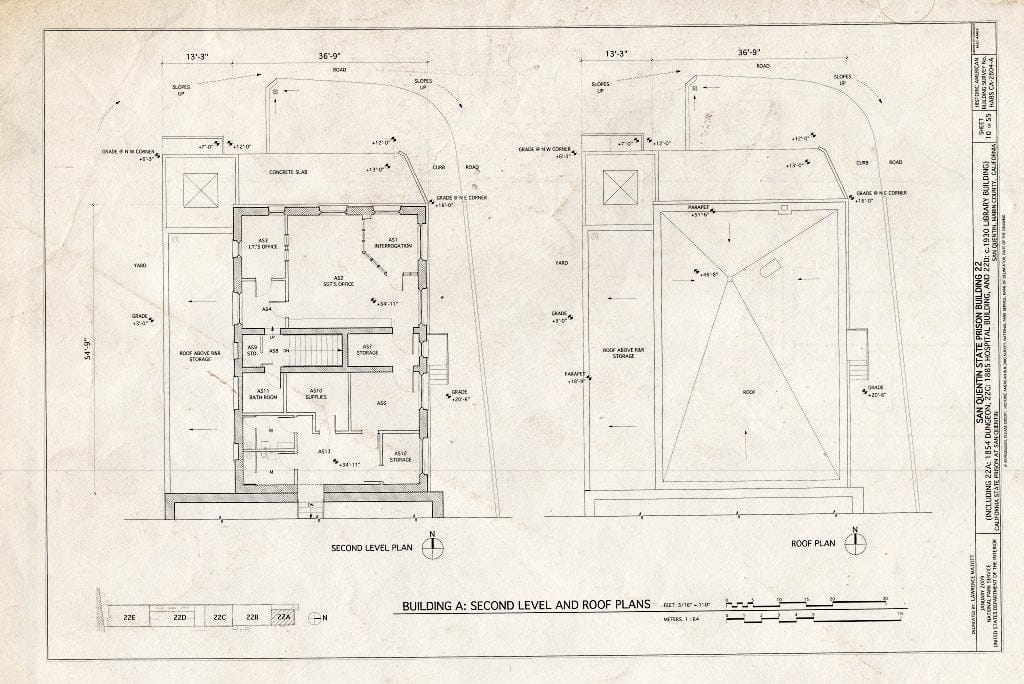 Blueprint Building A: Second Level and Roof Plans - San Quentin State Prison, Building 22, Point San Quentin, San Quentin, Marin County, CA