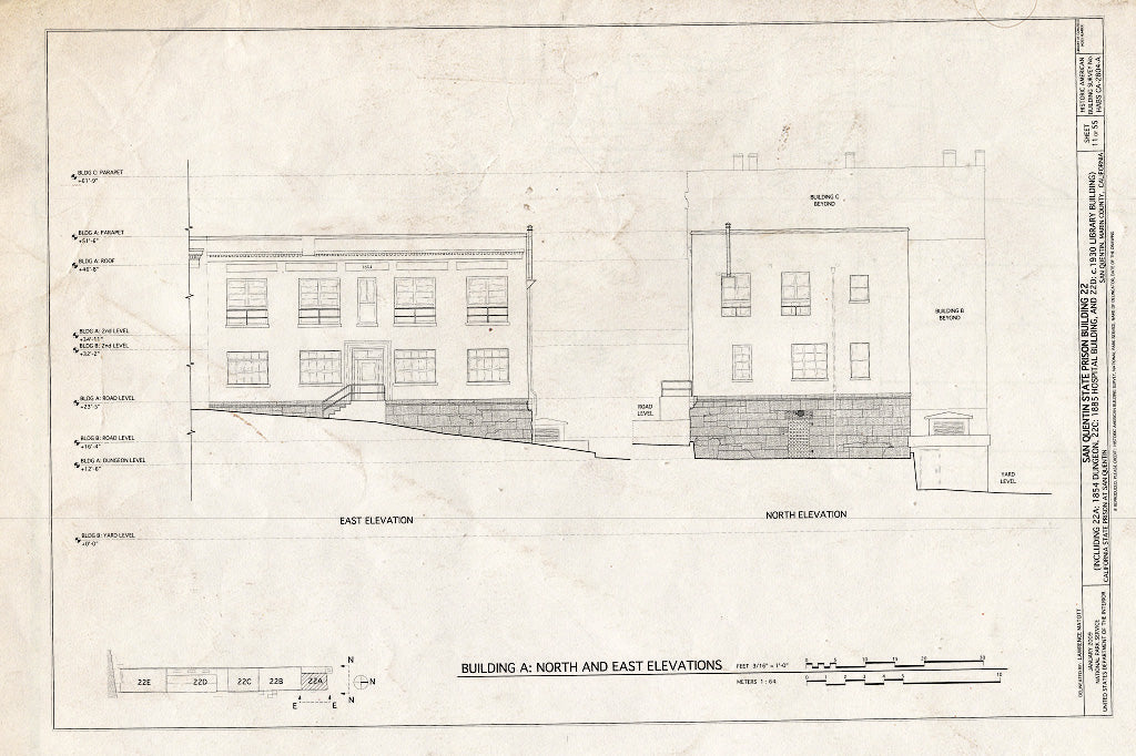 Blueprint Building A: North & East Elevations - San Quentin State Prison, Building 22, Point San Quentin, San Quentin, Marin County, CA