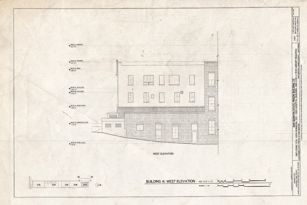 Blueprint Building A: West Elevation - San Quentin State Prison, Building 22, Point San Quentin, San Quentin, Marin County, CA