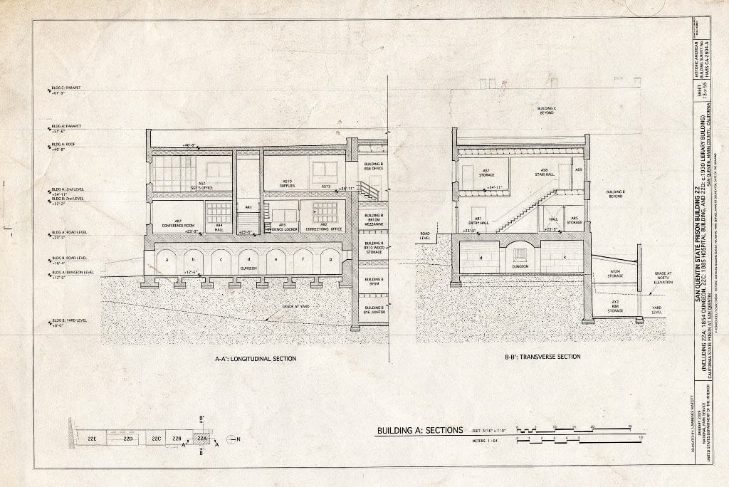 Blueprint Building A: Sections - San Quentin State Prison, Building 22, Point San Quentin, San Quentin, Marin County, CA