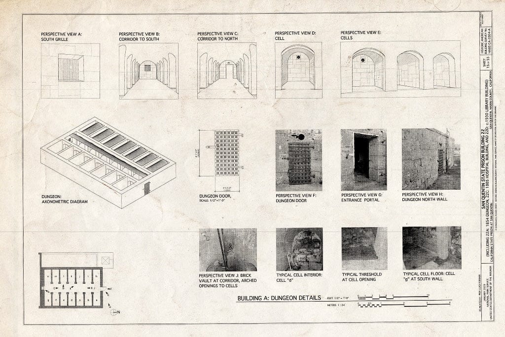 Blueprint Building A: Dungeon Details, Axonometric, Corridor & Cells - San Quentin State Prison, Building 22, Point San Quentin, San Quentin, Marin County, CA