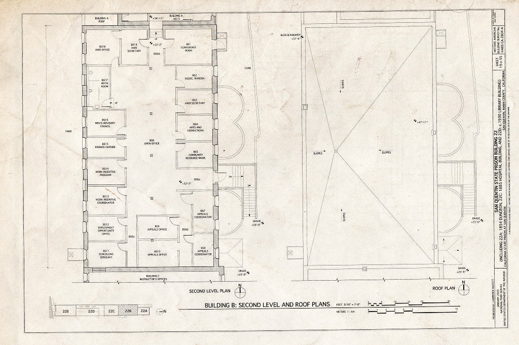 Blueprint Building B: Second Level & Roof Plans - San Quentin State Prison, Building 22, Point San Quentin, San Quentin, Marin County, CA