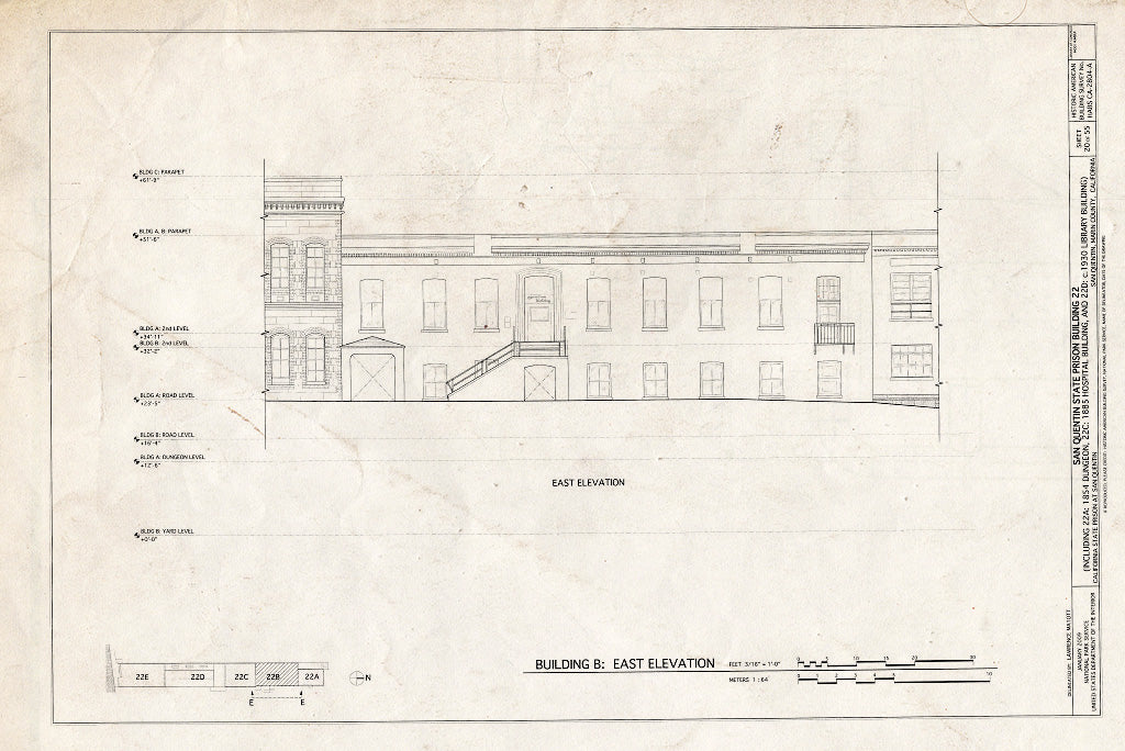 Blueprint Building B: East Elevation - San Quentin State Prison, Building 22, Point San Quentin, San Quentin, Marin County, CA