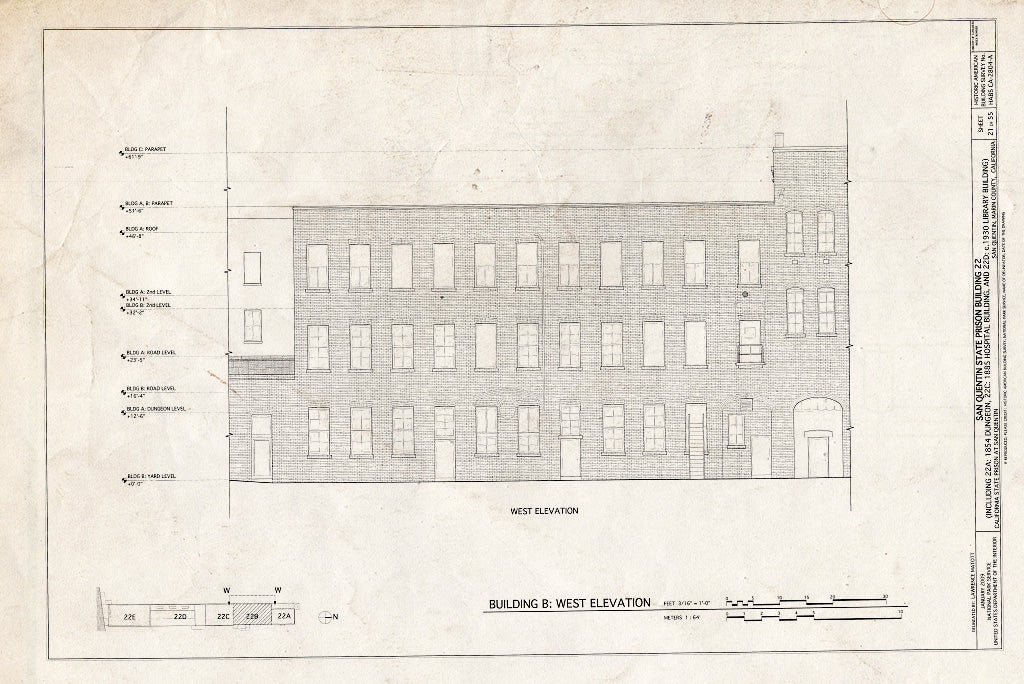 Blueprint Building B: West Elevation - San Quentin State Prison, Building 22, Point San Quentin, San Quentin, Marin County, CA