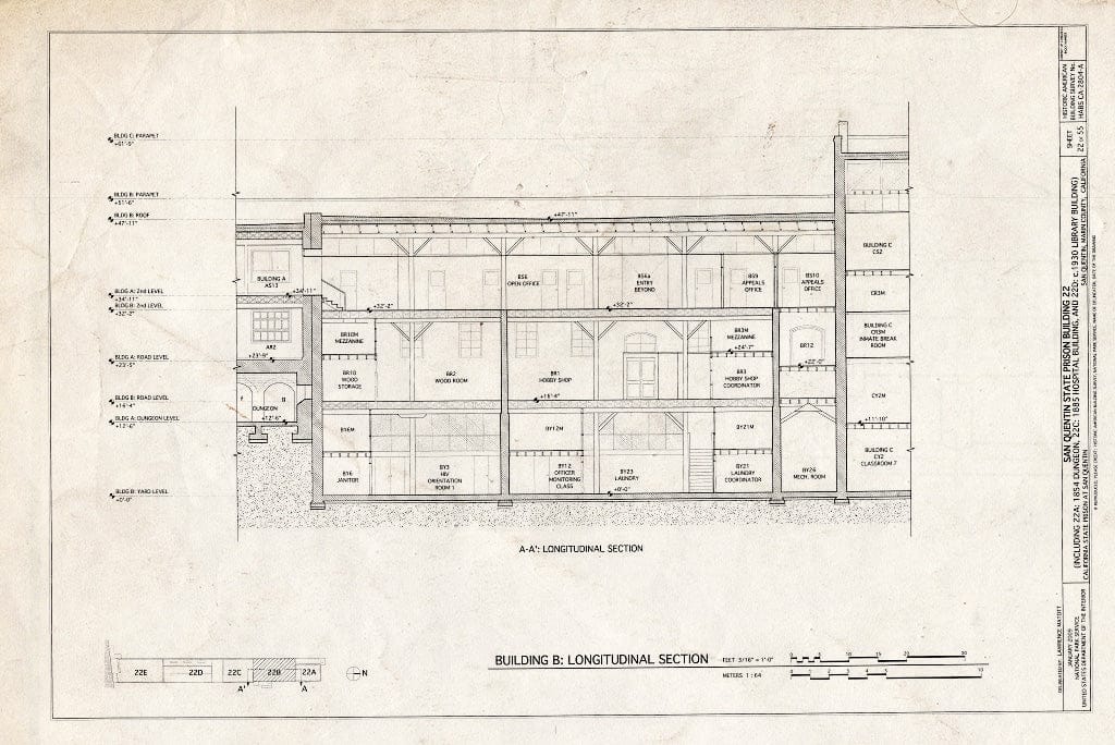 Blueprint Building B: Longitudinal Section - San Quentin State Prison, Building 22, Point San Quentin, San Quentin, Marin County, CA