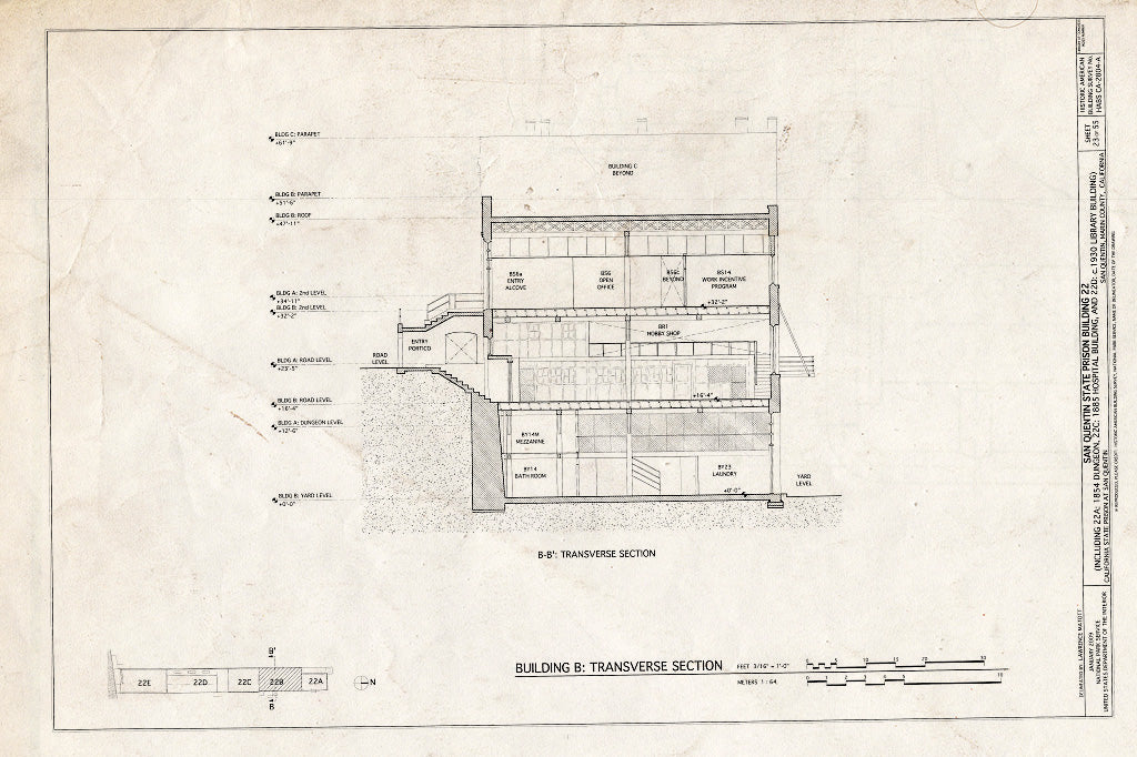 Blueprint Building B: Transverse Section - San Quentin State Prison, Building 22, Point San Quentin, San Quentin, Marin County, CA