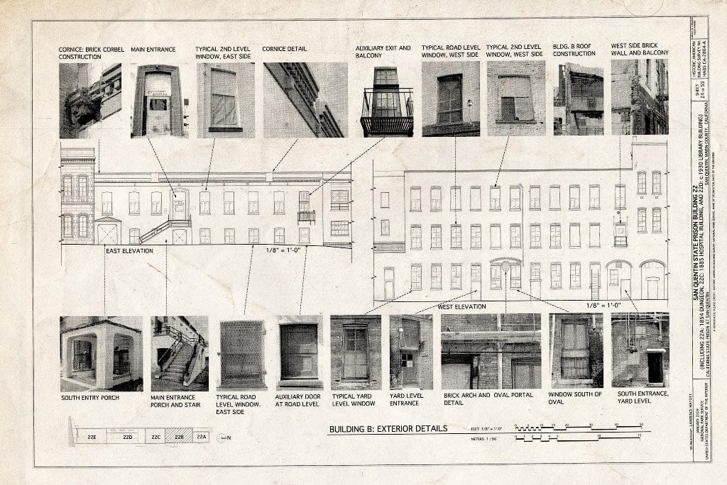 Blueprint Building B: Exterior Details - San Quentin State Prison, Building 22, Point San Quentin, San Quentin, Marin County, CA