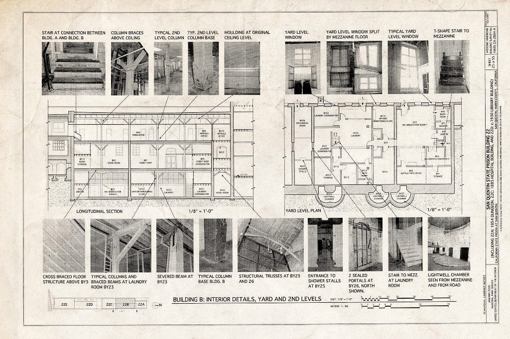 Blueprint Building B: Interior Details, Yard & Second Levels - San Quentin State Prison, Building 22, Point San Quentin, San Quentin, Marin County, CA