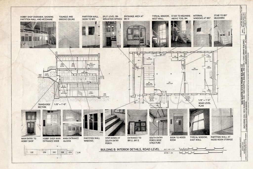 Blueprint Building B: Interior Details, Road Level - San Quentin State Prison, Building 22, Point San Quentin, San Quentin, Marin County, CA