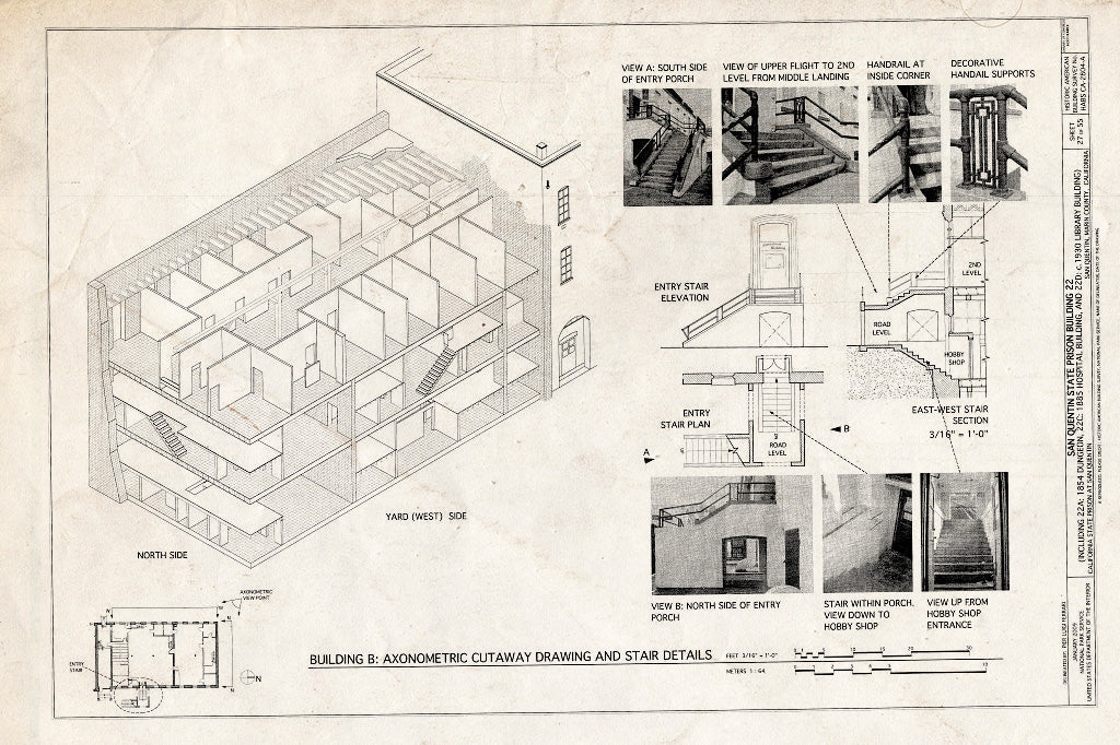 Blueprint Building B: Axonometric Cutaway Drawing & Entry Stair Detail - San Quentin State Prison, Building 22, Point San Quentin, San Quentin, Marin County, CA