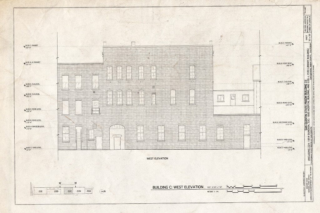 Blueprint Building C: West Elevation - San Quentin State Prison, Building 22, Point San Quentin, San Quentin, Marin County, CA