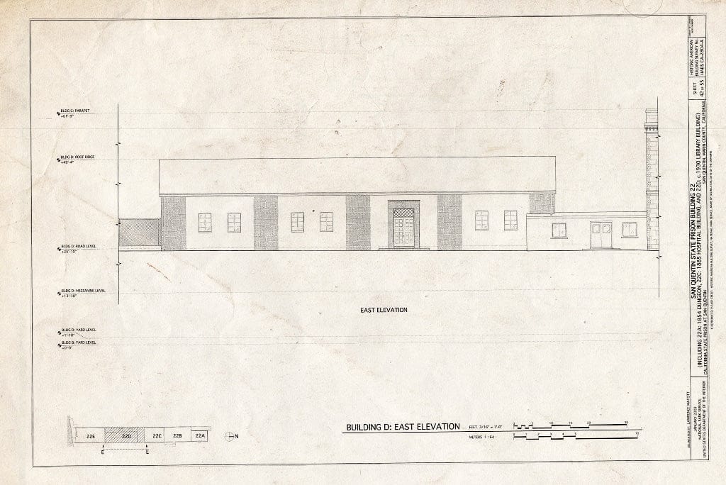 Blueprint Building D: East Elevation - San Quentin State Prison, Building 22, Point San Quentin, San Quentin, Marin County, CA