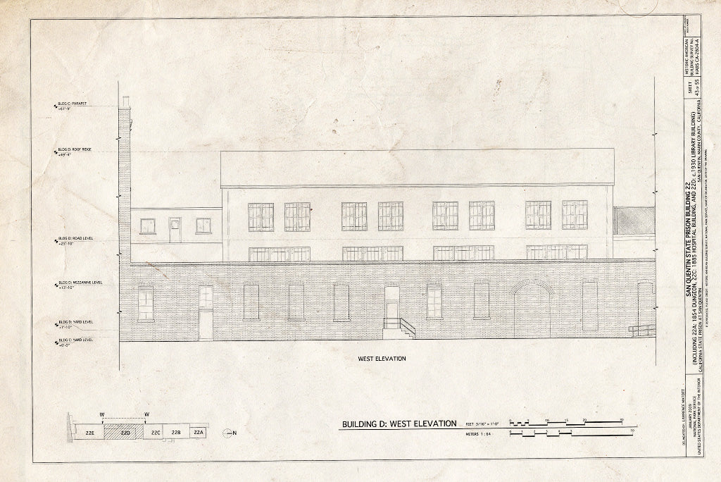 Blueprint Building D: West Elevation - San Quentin State Prison, Building 22, Point San Quentin, San Quentin, Marin County, CA