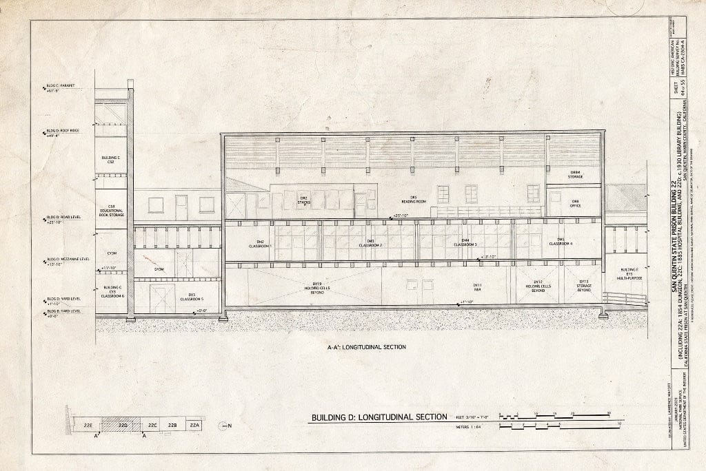 Blueprint Building D: Longitudinal Section - San Quentin State Prison, Building 22, Point San Quentin, San Quentin, Marin County, CA