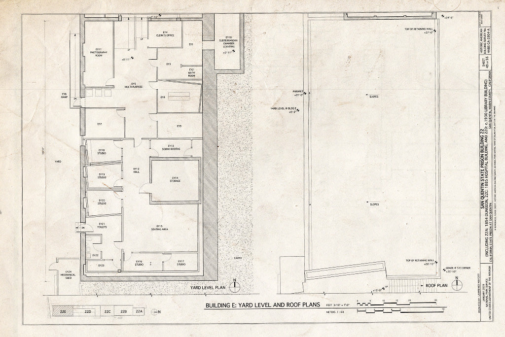 Blueprint Building E: Yard Level & Roof Plans - San Quentin State Prison, Building 22, Point San Quentin, San Quentin, Marin County, CA