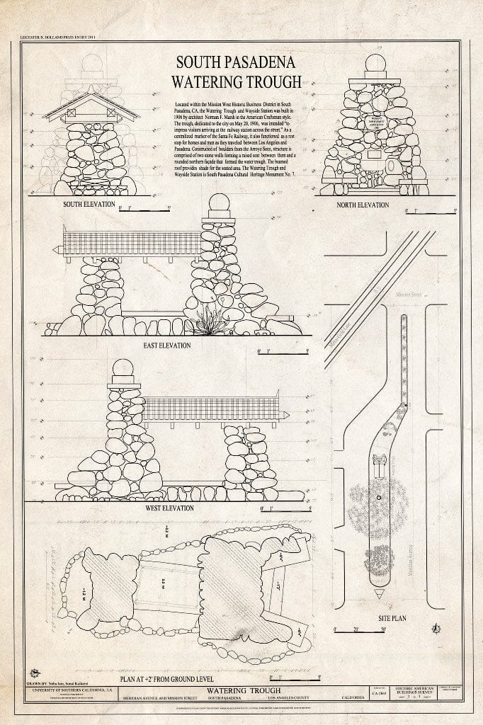 Blueprint elevations, Plan, site Plan - Watering Trough, Meridian Avenue and Mission Street, South Pasadena, Los Angeles County, CA