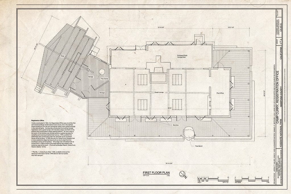 Blueprint Camp Curry, Registration Office First Floor Plan - Camp Curry, Registration Office (Lounge, Post Office, Amphitheater Stage), Curry Village, Mariposa County, CA