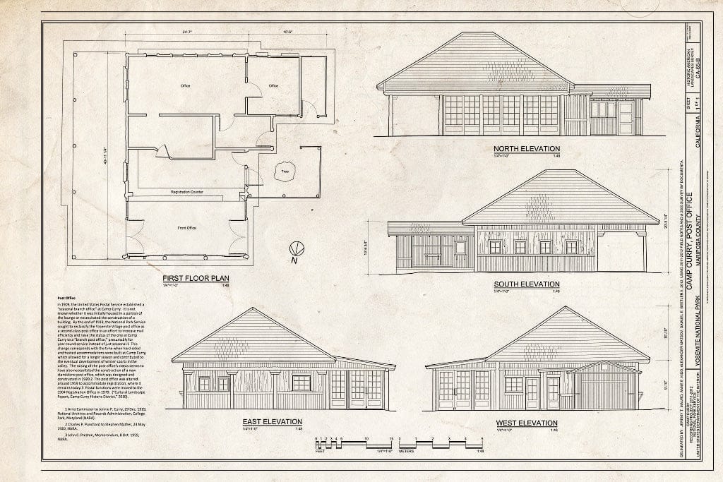 Blueprint Camp Curry, Post Office Plan and Elevations - Camp Curry, Post Office (Registration Office), Curry Village, Mariposa County, CA